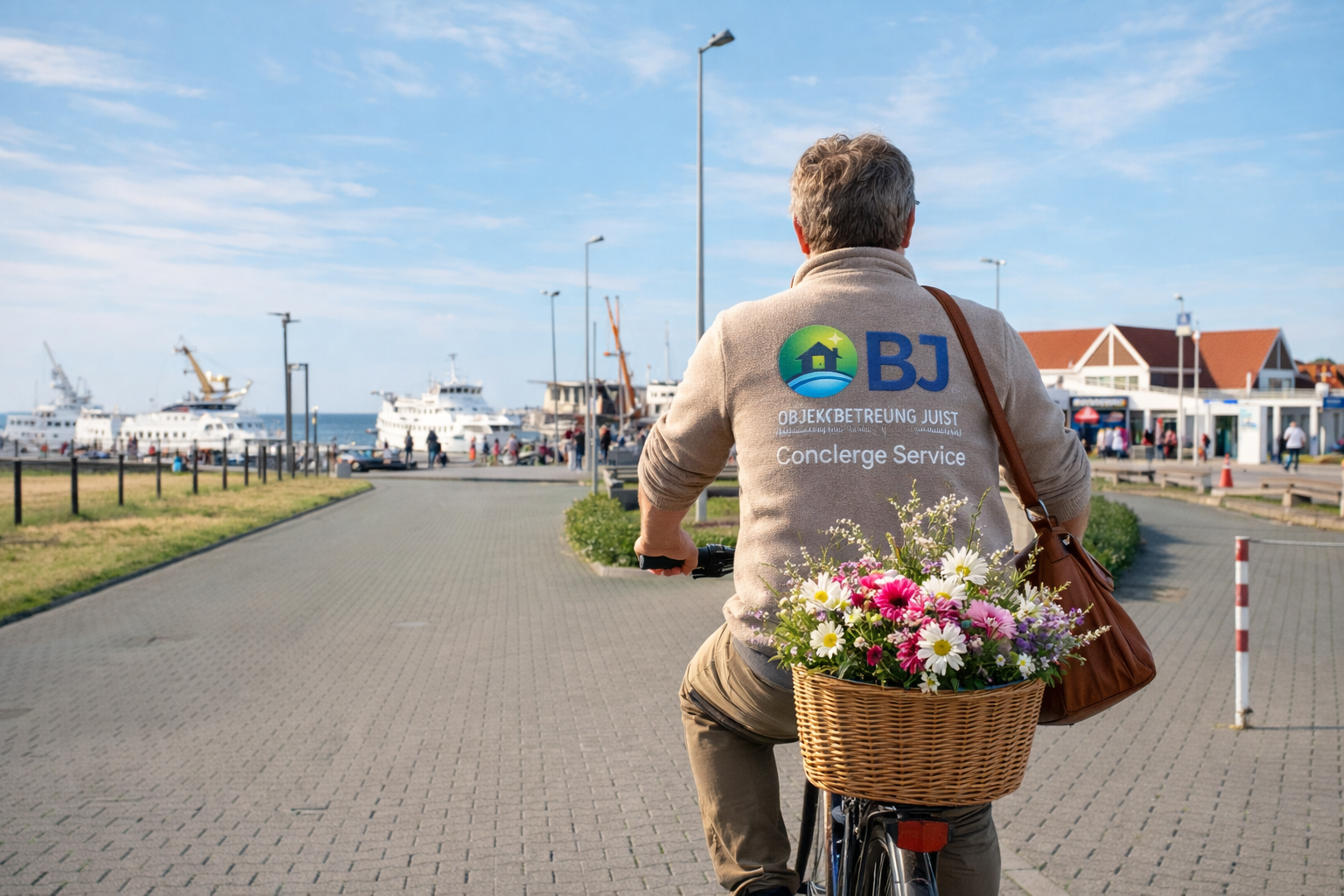 OBJ Concierge – mit dem Fahrrad zum Hafen von Juist, mit Blumen im Korb